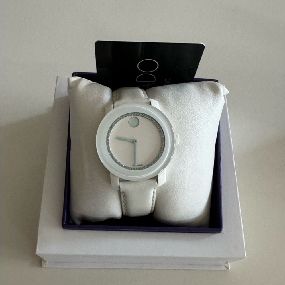 Movado White Leather Minimalist Watch with Silver Accents